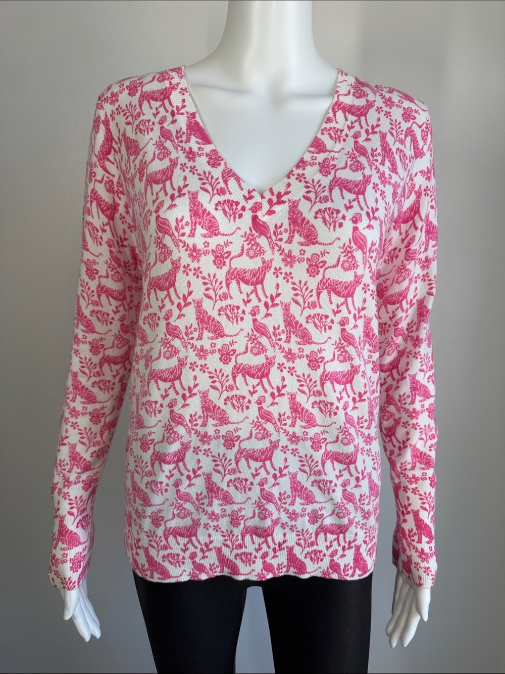 Boden Woodland Animal Print Sweater S Pink Ivory V Neck Knit